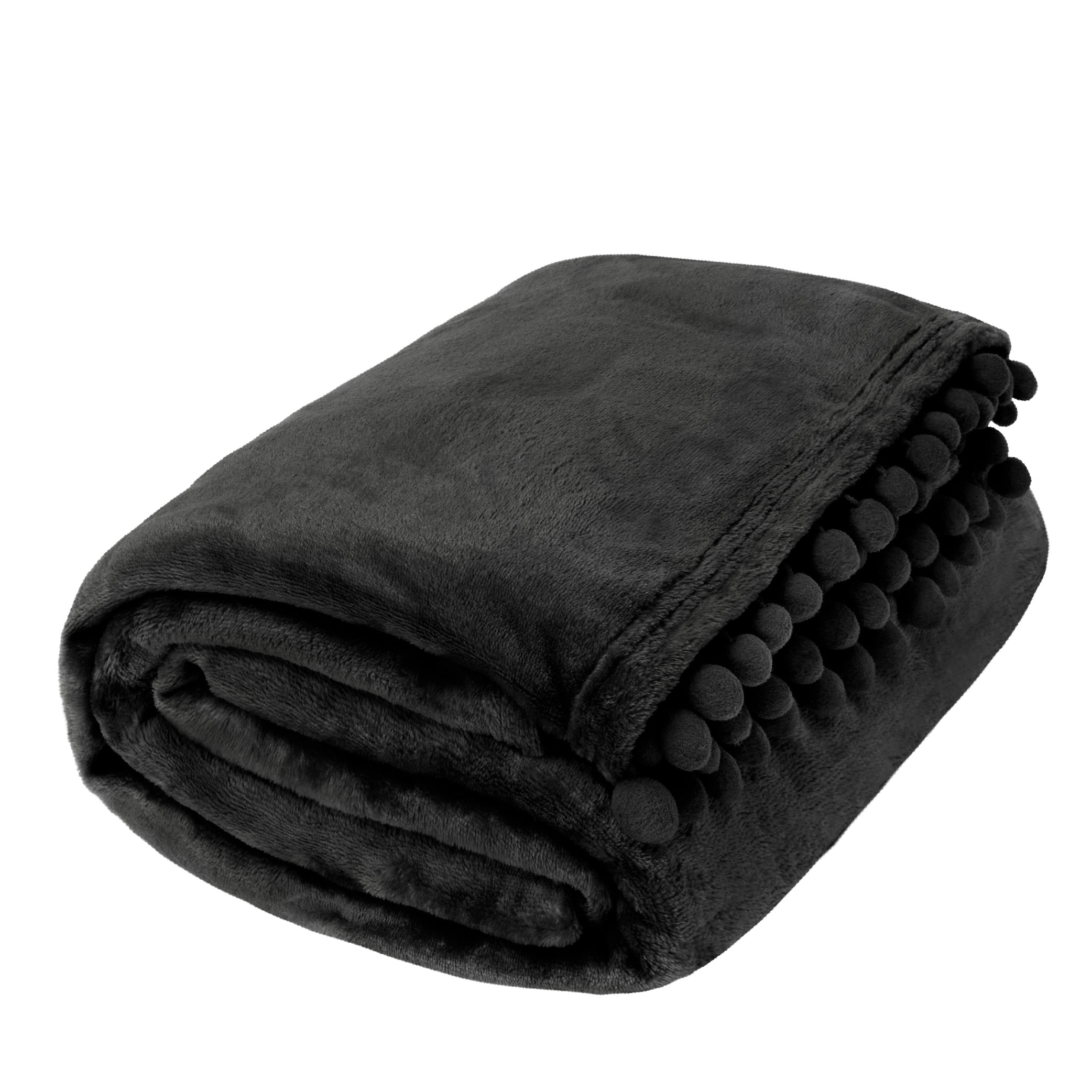 PAVILIA Fleece Throw Blanket for Couch with Pom Pom Fringe, Black, Soft Cozy Fuzzy Flannel Blanket for Sofa Bed, Large Lightweight Plush All Season Throw, 60x80 Inches