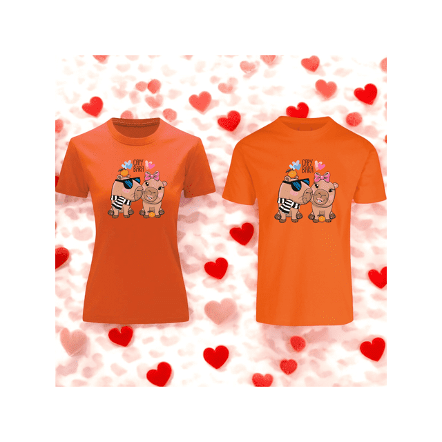 Playera Duo De Pareja De Capybara Fashion 14 De Febrero San Valentin Color Anaranjado Talla Chica Marca Emil SaEs