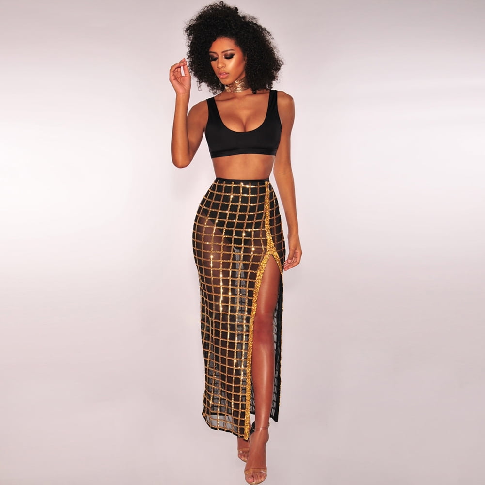 Sheer Mesh Sequin Plaid Split Skirt 