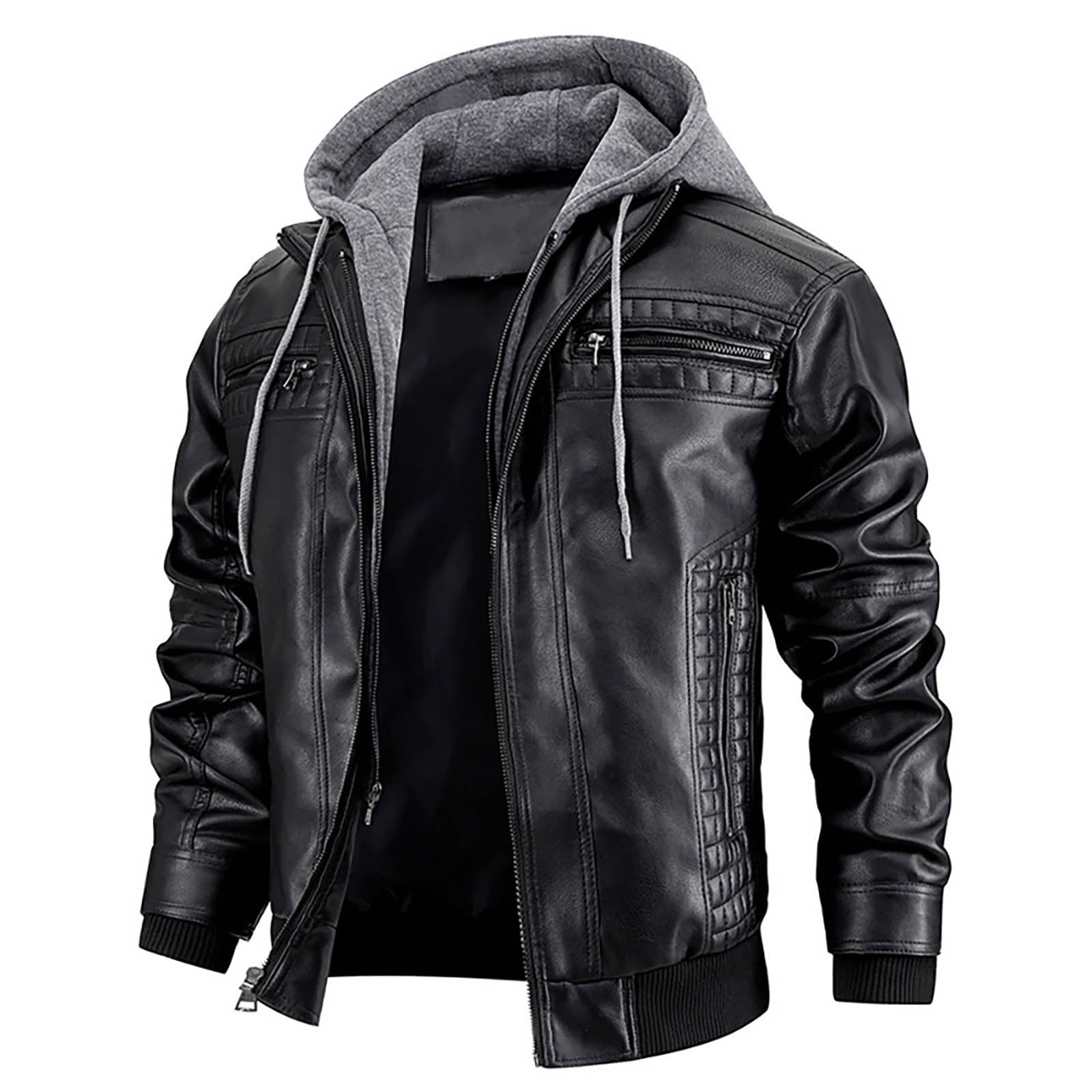 Luwomo PU Leather Jackets for Mens Mens Fall and Winter Long Sleeve Hooded Outdoor Style Coat Tops Black,2XL
