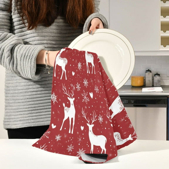 BZSMCE Kitchen Towels Creative Snowflake and Cute Reindeer Pattern Pattern Durable Kitchen Towel