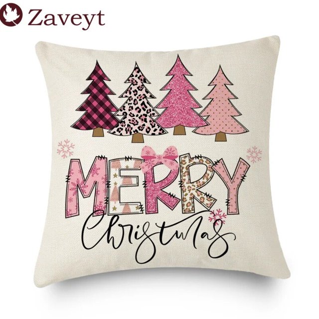 Funda de cojín de lino con diseño de árbol de Navidad, cubierta bonita de copos de nieve, color rosa, decoración de Año Nuevo, 2023