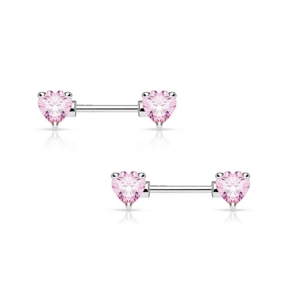 Pair of Double Heart Gem Nipple Rings Shields Barbells 14 Gauge 1/2" - 4 Colors