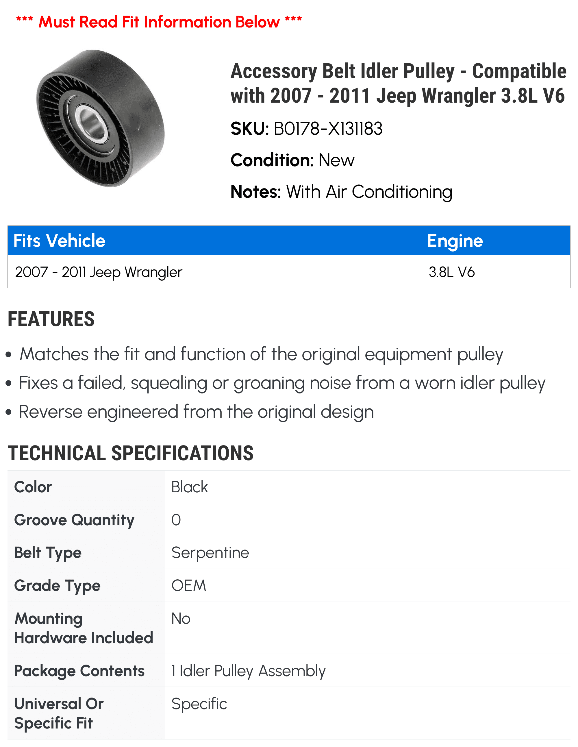 Accessory Belt Idler Pulley - Compatible with 2007 - 2011 Jeep Wrangler 3.8L V6 - Dorman