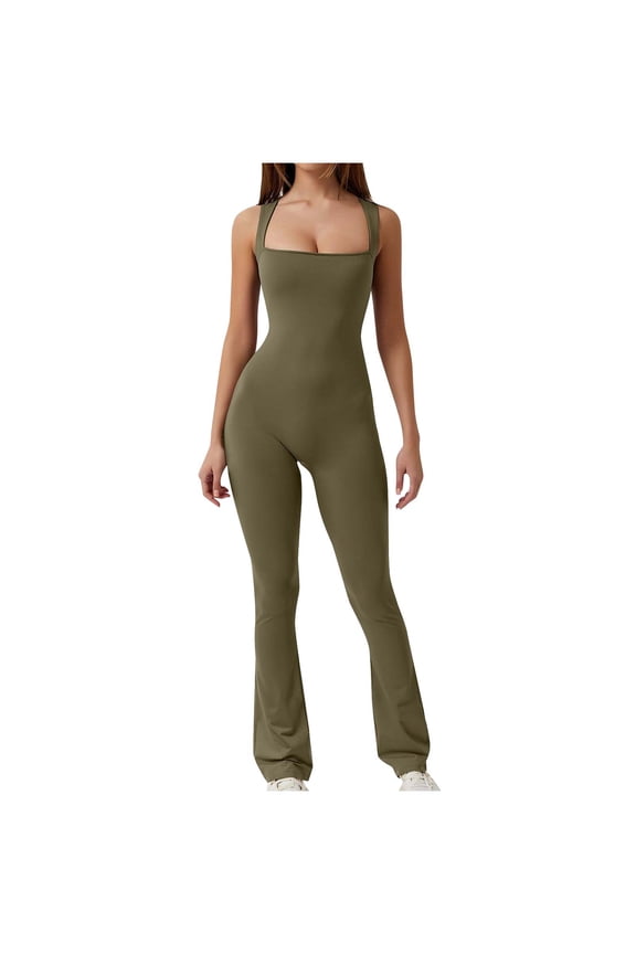 Jumpsuit for Women Seamless Stretch Flare Yoga Workout Leggings Romper Square Neck Bodycon One Piece Full Length Casual Unitard Playsuit