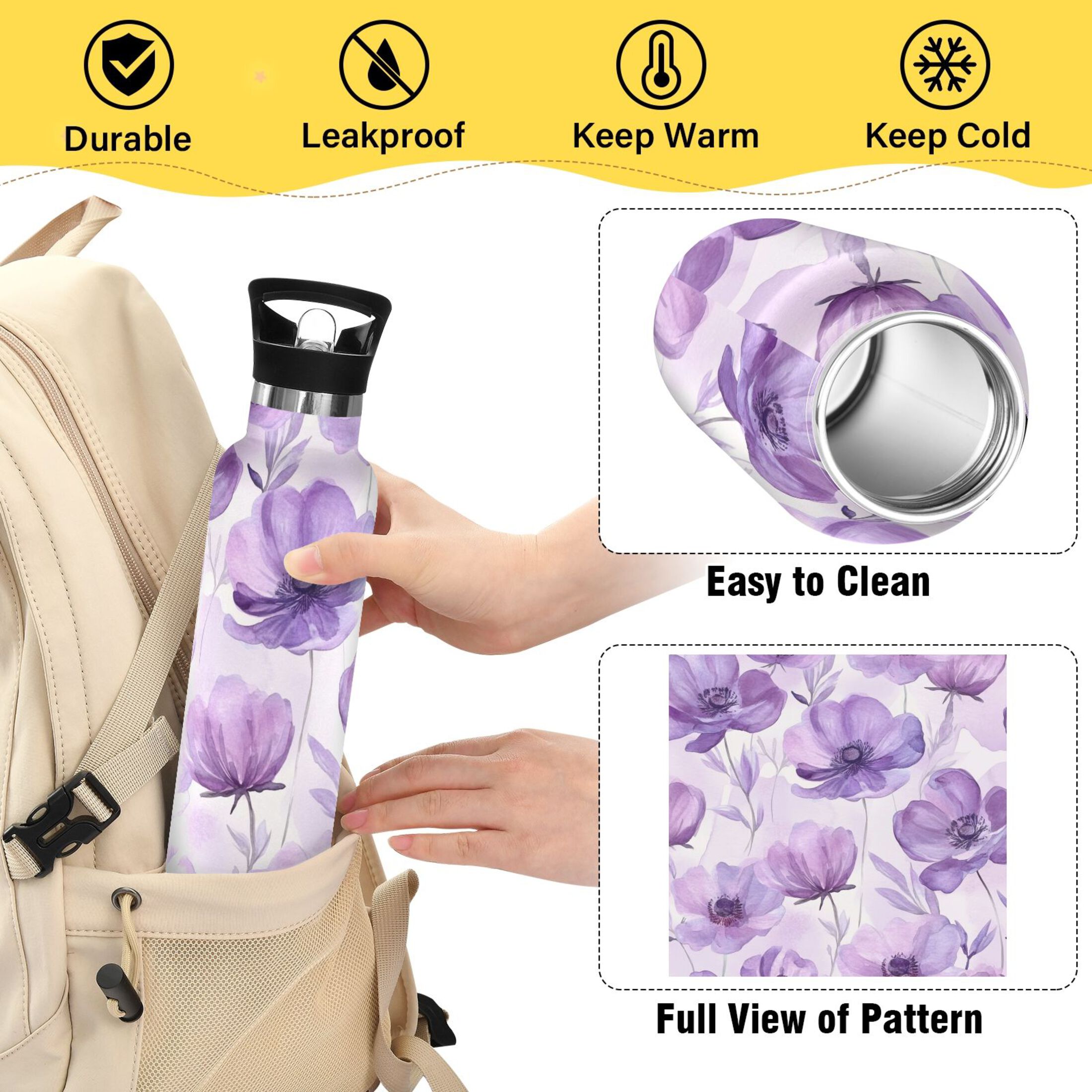 600ML Stainless Steel Insulated Cup Sports Water Bottle Portable Thermos Cup Water Glasses Insulated Tumblers Convenient and Durable Cartoon Lavender Flowers Seamless
