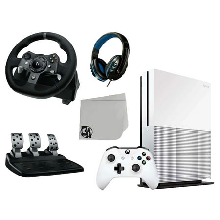 Microsoft 234-00051 Xbox One S White 1TB Gaming Console with Logitech G920 Steering Wheel BOLT AXTION Bundle Used