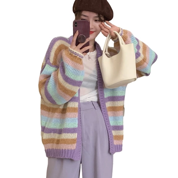Oversized Loose Knitwear Cardigan for Women Long Sleeve Rainbow Striped Knitted Open Front Sweater Coat Outwear