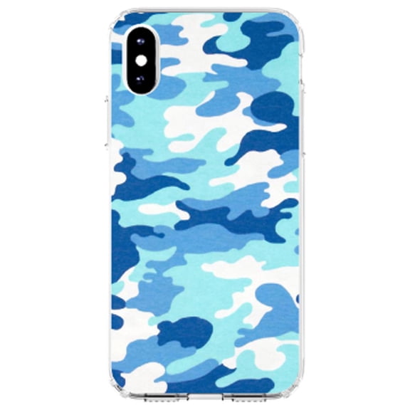 DistinctInk Clear Shockproof Hybrid Case for iPhone XR (6.1" Screen) - TPU Bumper, Acrylic Back, Tempered Glass Screen Protector - Blue White Camouflage - Camouflage Pattern