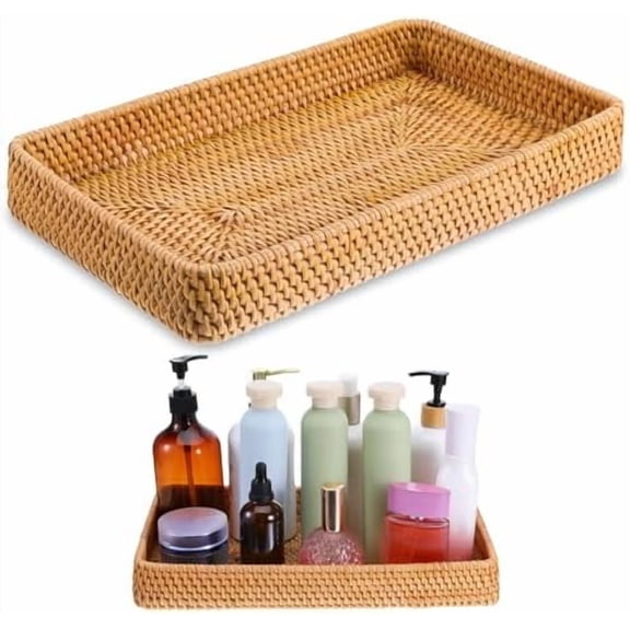 Wicker Storage Basket, Rattan Tray Rectangular Woven Tray Natural Wicker Serving Trays Rattan Serving Trays Decorative for Kitchen Bathroom Table Counter Organizing (14.6" x 9" x 2")