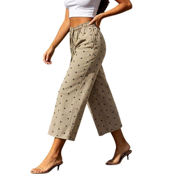 Kezqiaxn Cropped Pants for Women Summer Polka Dot Pattern High Waisted Loose Casual Capris with Pockets Fashion Clothing
