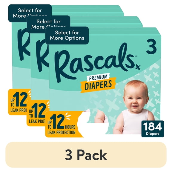 (3 pack) Rascals Premium Absorbent Baby Diapers Size 3, 184 Count, with 5 Sensitive Infant Wipes