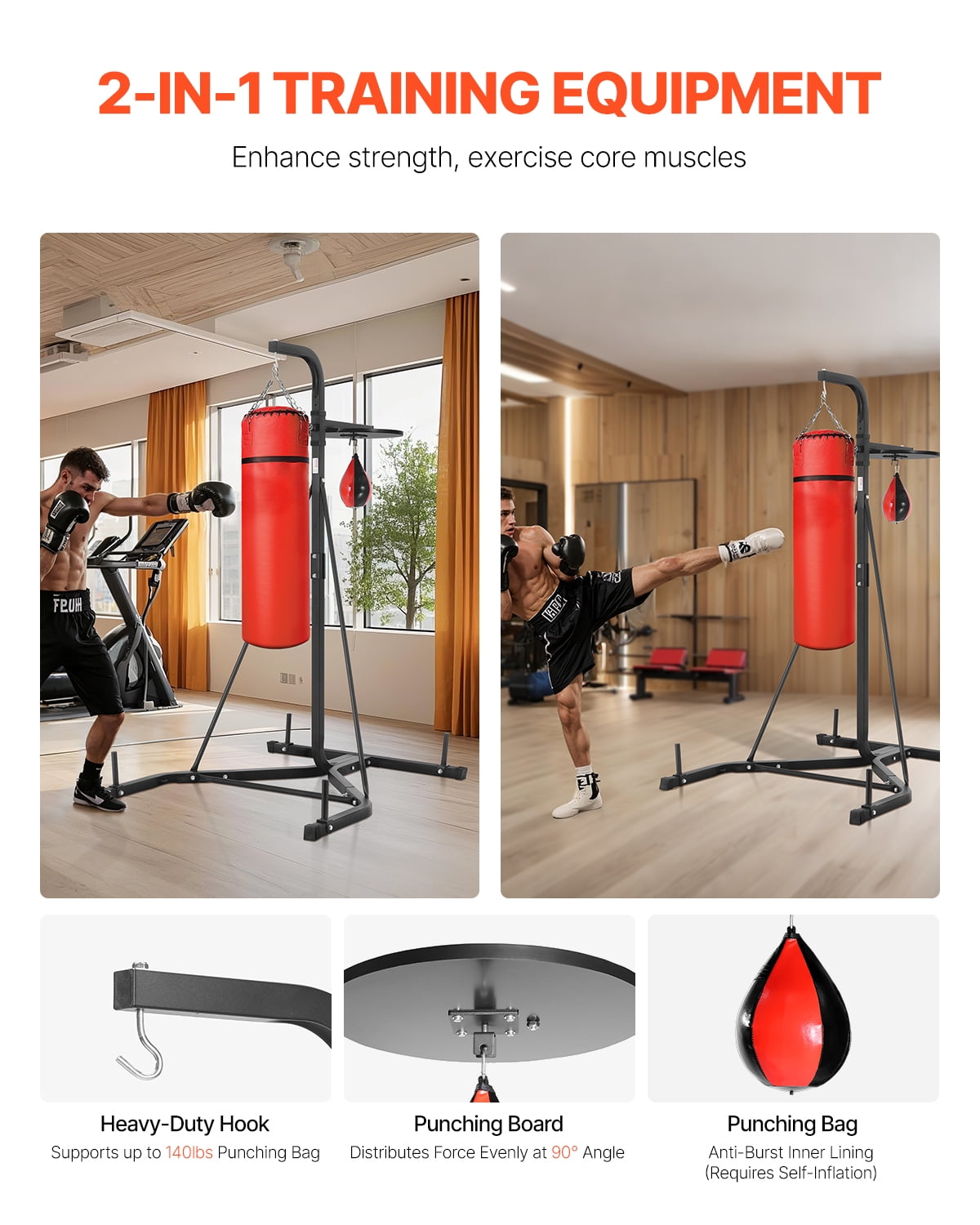 VEVOR 2 in 1 Punching Bag Stand, Steel Heavy Duty Workout Equipment, Adjustable Height Boxing Punching Bag and Speed Bag Stand, Freestanding Sandbag Rack, Holds Up to 140 lbs, for Home Gym Fitness