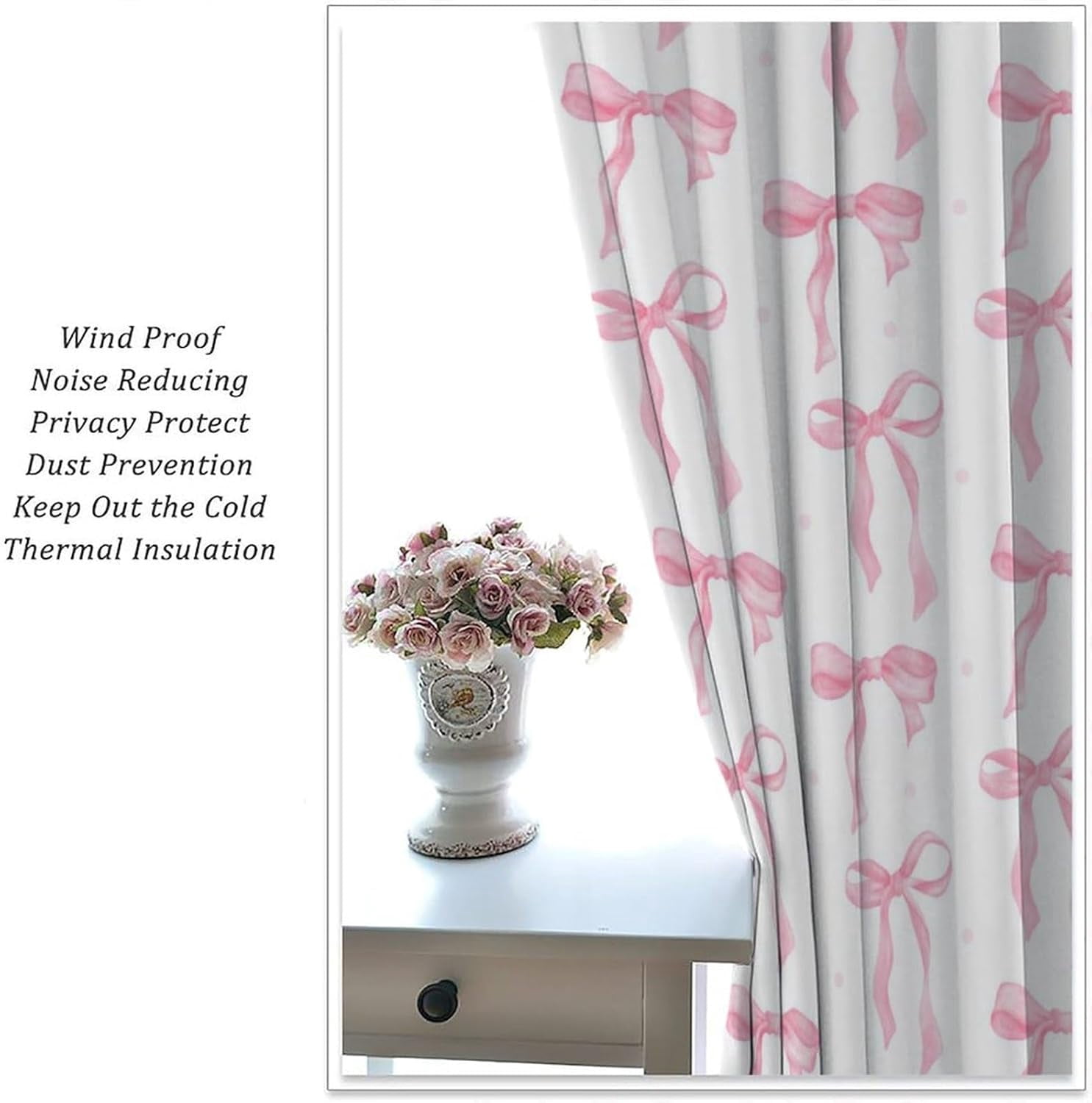 Pink Bow Curtains, Watercolor Cute Girls Pink Bow Modern Aesthetic Print Window Treatments for Kids Girl Bedroom Bathroom, 42x54in (No )