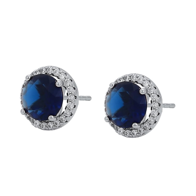 Finos Aretes Broquel Zafiro Swarovski Dama Oro 14K Laminado blanco Unitalla