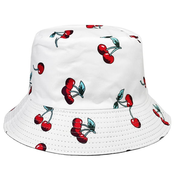 Cherry Women Reversible Bucket Hat Summer Travel Lightweight Foldable Beach Outdoor Hat - White