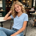 thumbnail image 6 of Acaics Girls Short Sleeve Ruched V Neck Basic T-Shirt, Soft Stretch Solid Color Casual Summer Tee Top for Kids Girls 4 to 15 Years Old, 6 of 11
