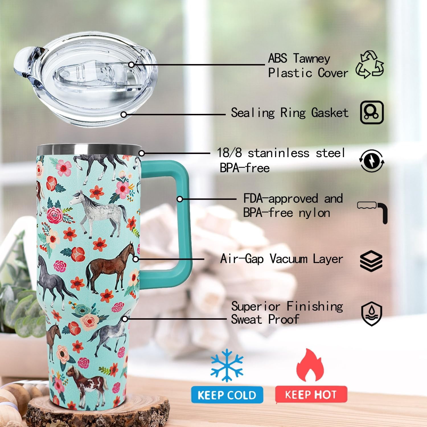 40oz Horse Tumbler with Handle - Insulated Travel Mug, Water Bottle with Equestrian Design - Gift for Women