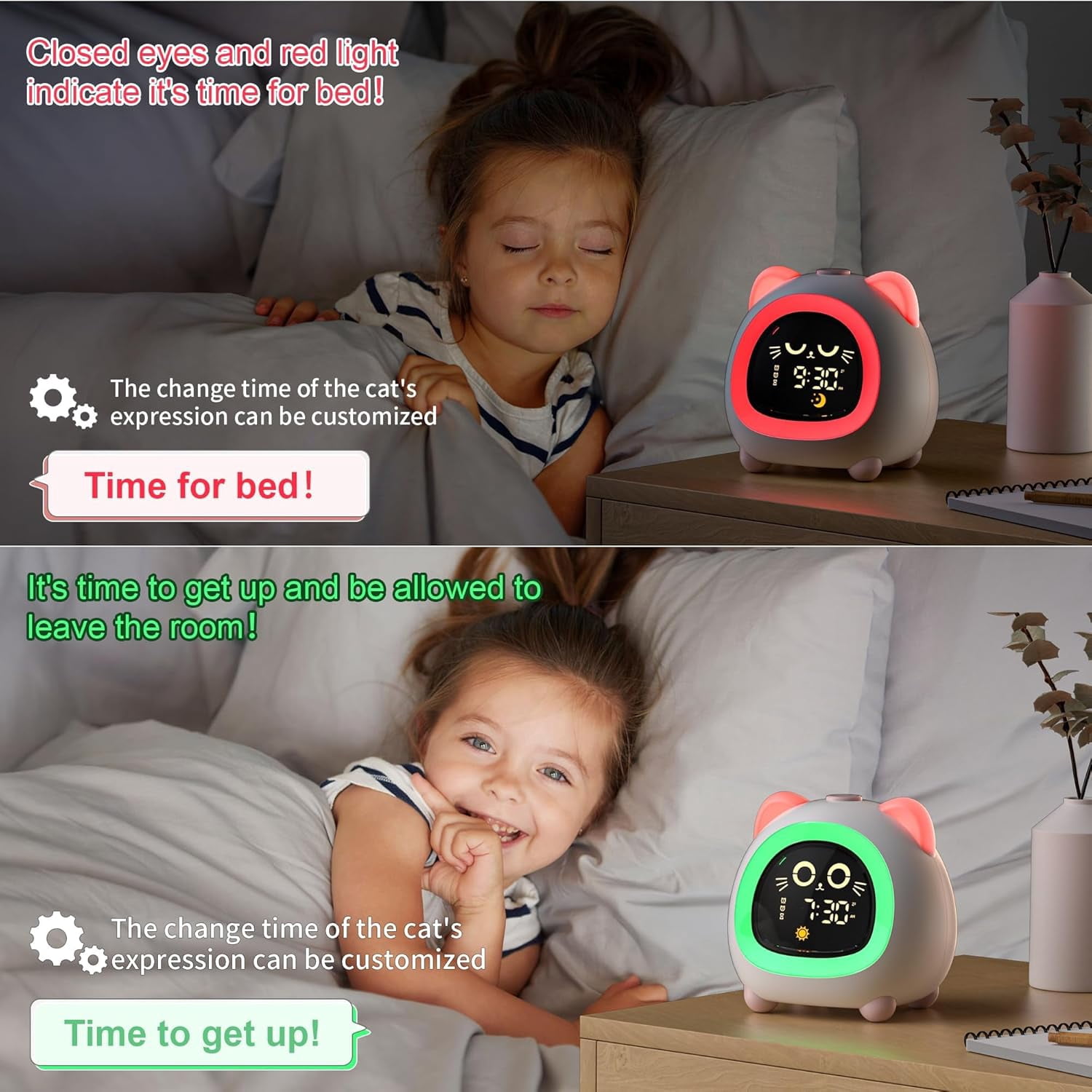 Sailstar Kids Alarm Clock with OK to Wake Light, Sleep Trainer and Dual Alarm, Pink Cat Design