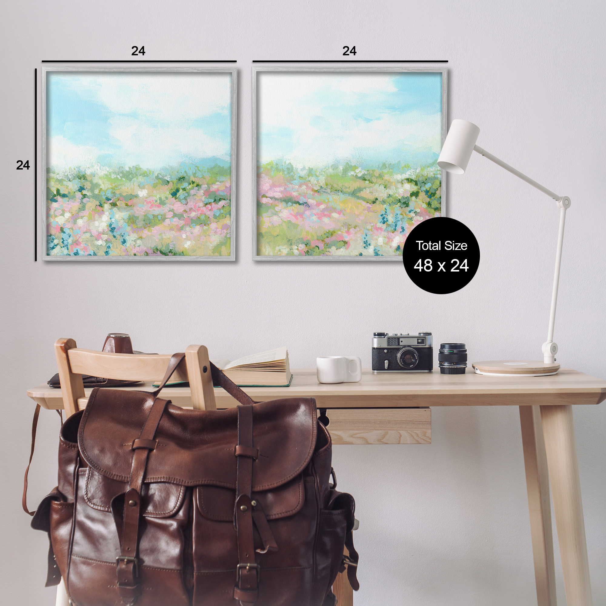 Stupell Industries Abstract Cottage Meadow Landscape Painting Gray Framed Art Print Wall Art, 24 x 24, Set of 2