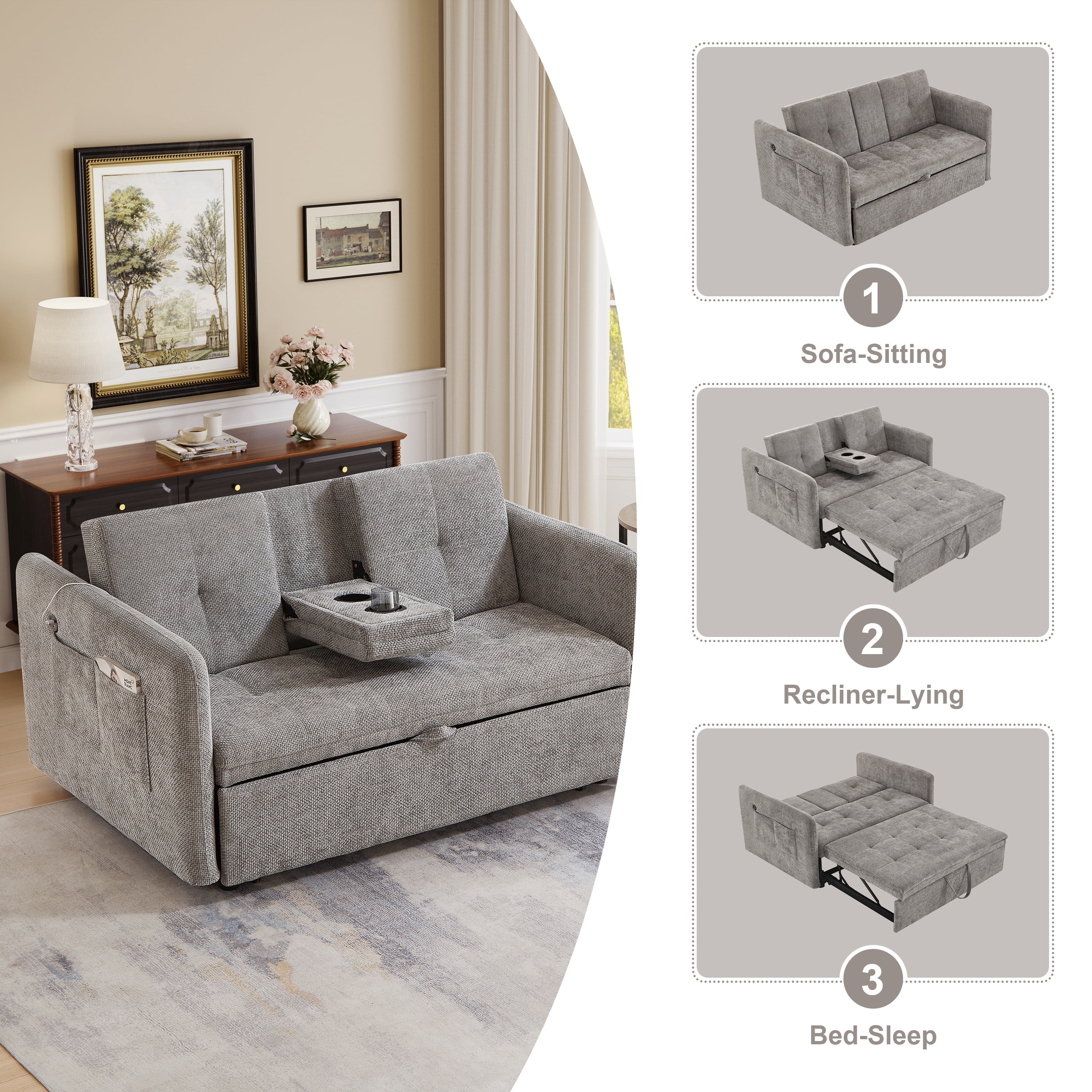 Noodeniya 57" 3 In 1 Convertible Sleeper Couch Bed with two cup holders, pull out sofa bed with USB and Side Pocket, Grey