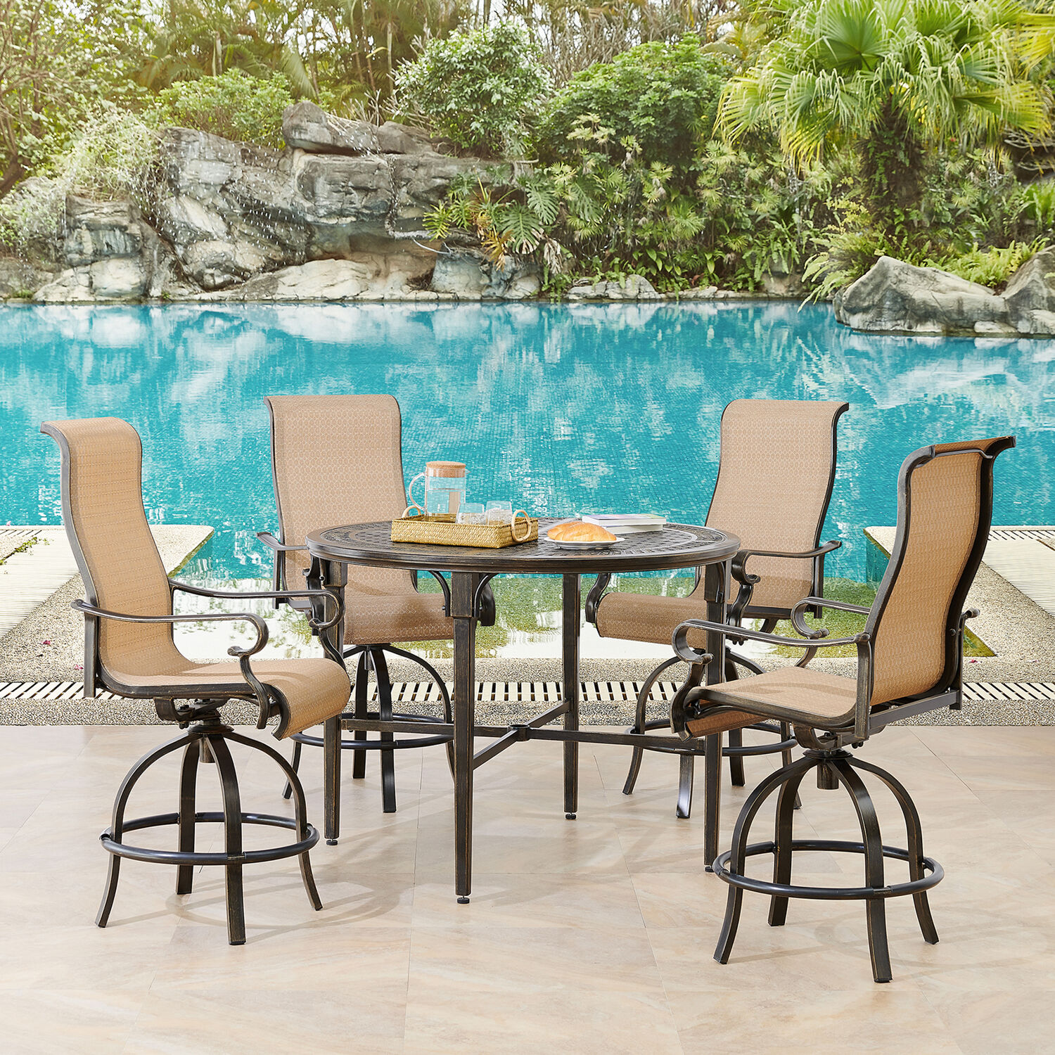 Hanover Brigantine 5-Piece Outdoor High-Dining Set with 4 Contoured-Sling Swivel Chairs and a 50-In. Round Cast-Top Table - image 3 of 9