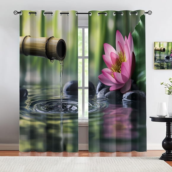 Rideaux Occultants Zen Pierres Bambou Lotus, Rideaux de Fenêtre Style Méditation Spa à Oeillets pour Salon Chambre Cuisine Déco Maison 26"L x 54"H (Lot de 2)