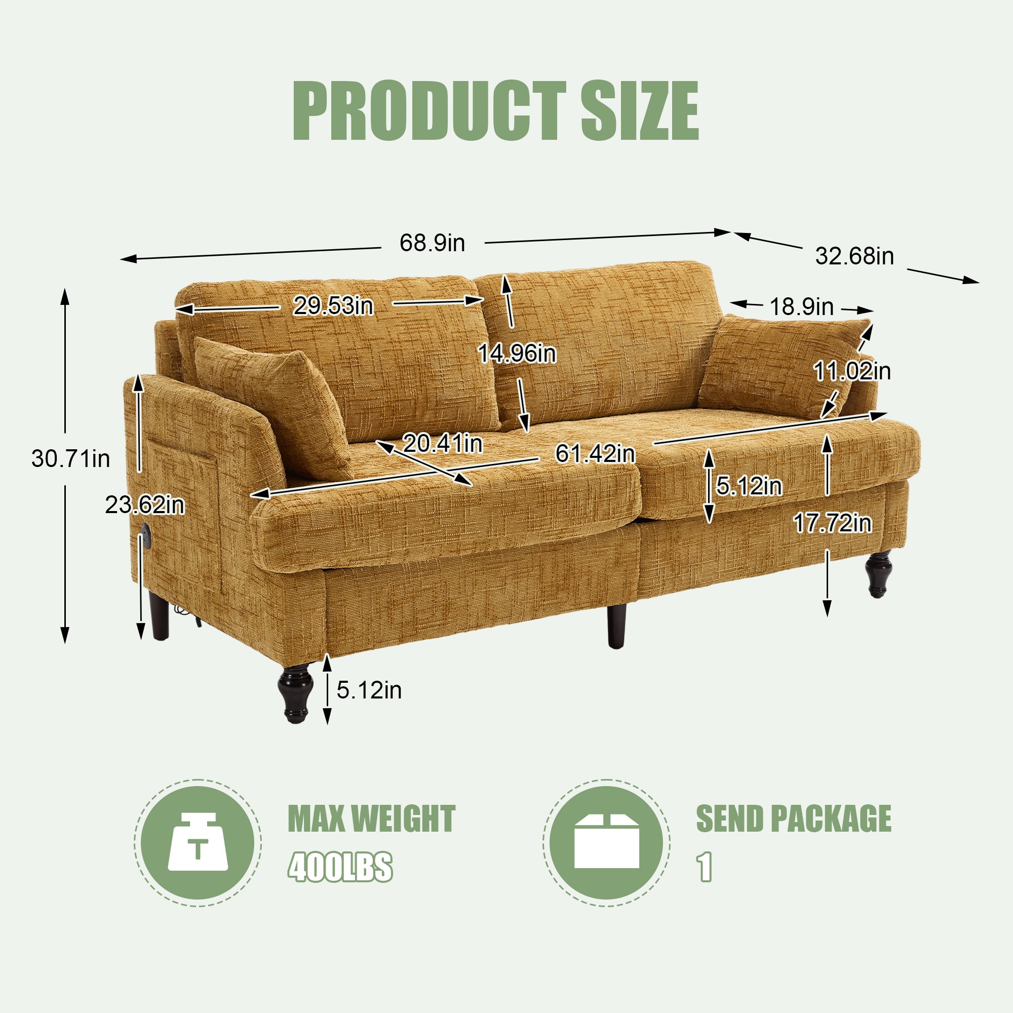 68.9" Sofa Couch,Modern 2 Seater Upholstered Loveseat Sofa Couch with LED light&USB for Living Room,Bedroom,Mustard yellow