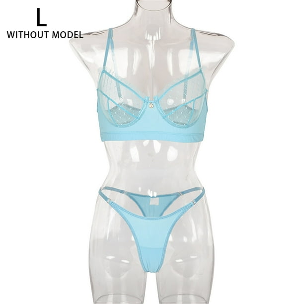 Conjunto de ropa interior sexy para mujer, pestañas de malla, sujetador de encaje, ropa interior, regalo, azul cielo, L tholdsy XX000055-20