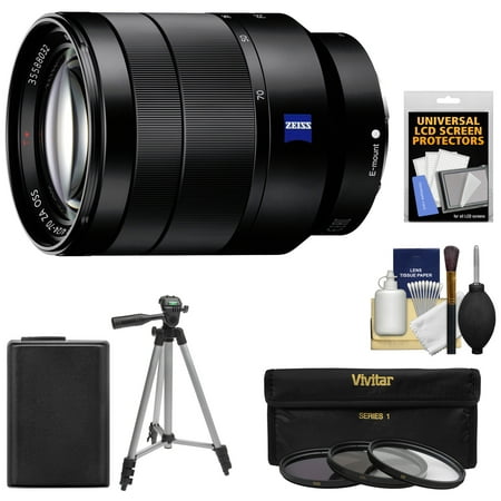 Sony Alpha E-Mount Vario-Tessar T* FE 24-70mm f/4.0 ZA OSS Zoom Lens + NP-FW50 Battery + 3 Filters + Tripod Kit for A7, A7R, A7S Mark II, A5100, A6000, A6300
