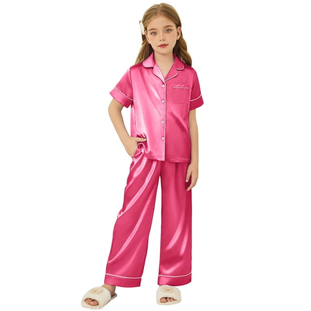 Pijama Arshiner de satén para niñas de manga corta de 4 a 5 años, color rojo