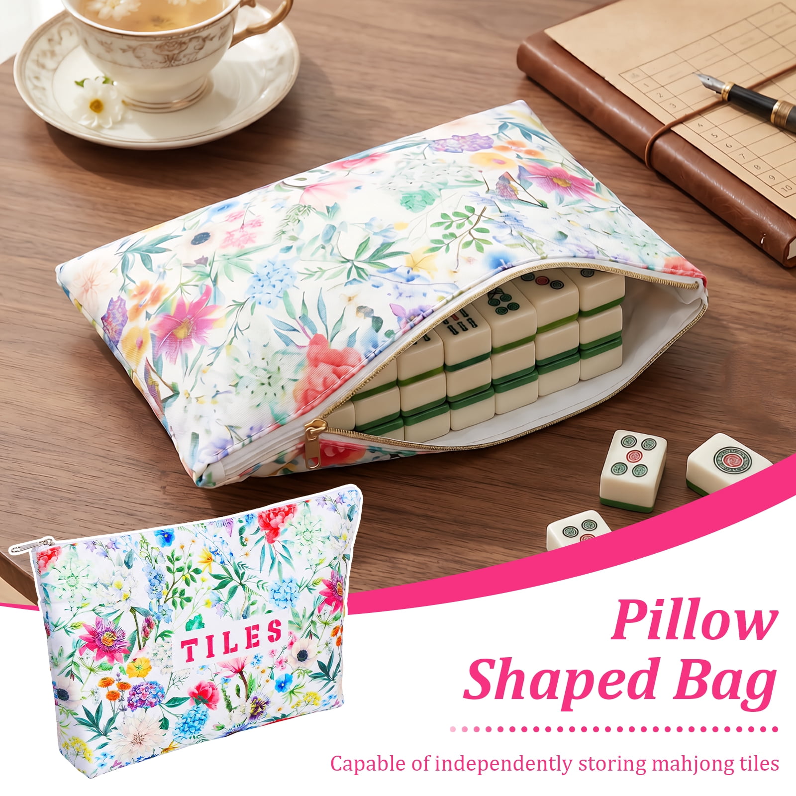 Floral Mahjong Storage Bag Set 3 Piece Organizer with Large Tote Tile Pouch and Drawstring Bag for American Mahjong Tile Rack and Accessories