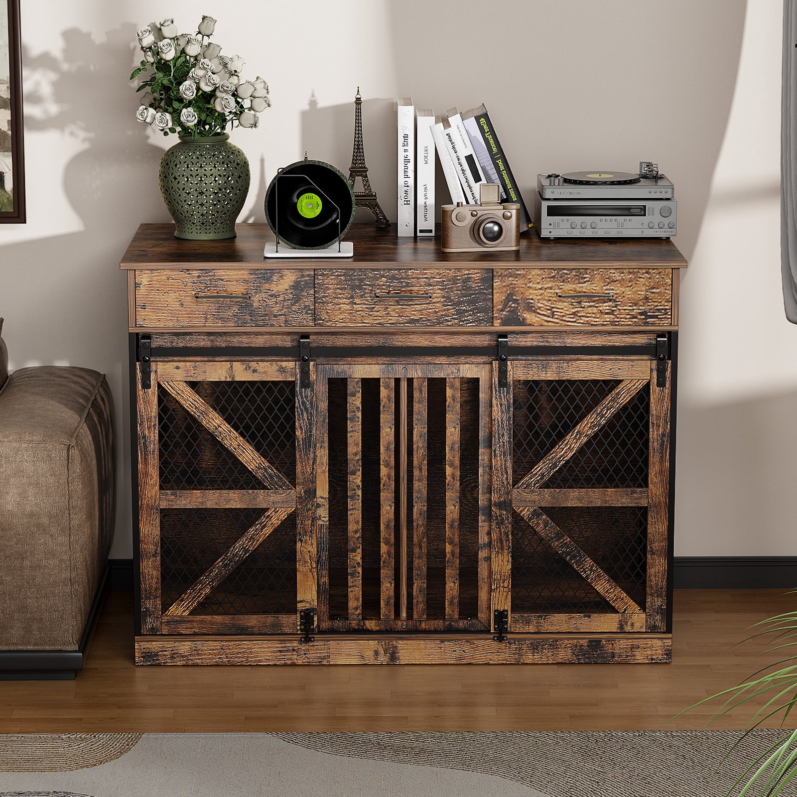 ModFurne 48' Dog Crate Furniture with Removable Divider & Storage Drawers, Wooden Double Dog Cage TV Stand with 2 Sliding Barn Doors