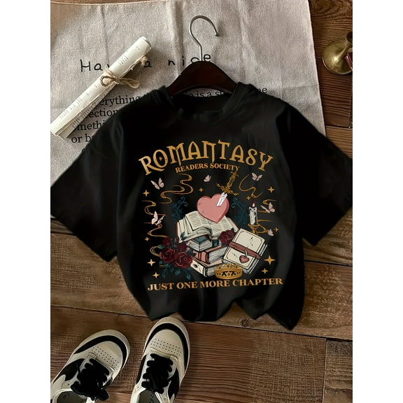 Women'S Romantic "Just One More Chapter" Book Print T-Shirt - Casual & Comfortable Crew Neck Short Sleeve Top with Heart & Book Design, Perfect for All Seasons