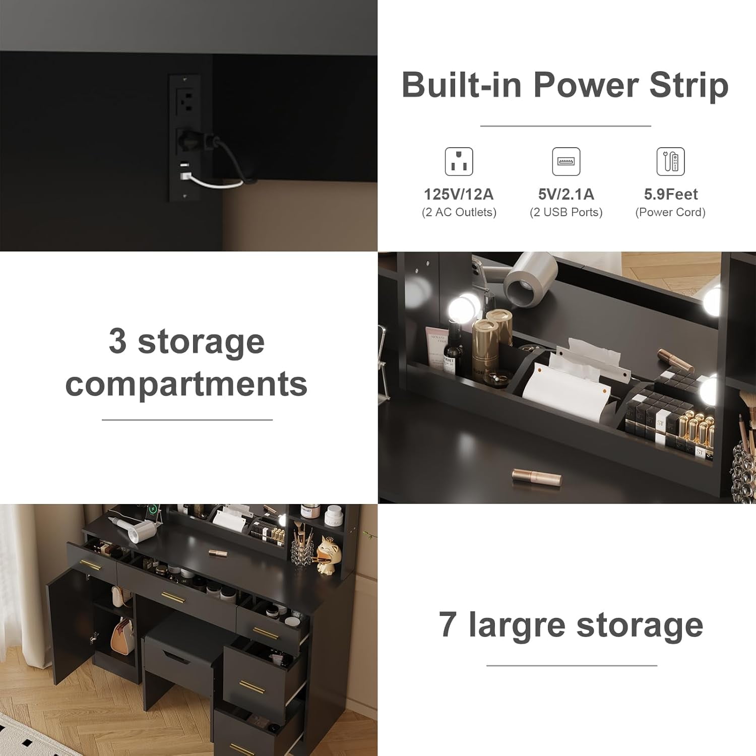 COZONY Vanity Desk with Mirror, Makeup Dressing Table Playset, Charging Station, 6 Open Shelves, 5 Drawers & Cabinet Door, 10 LED Bulbs & 3 Modes, Bedroom, Bathroom, Living Room, Black
