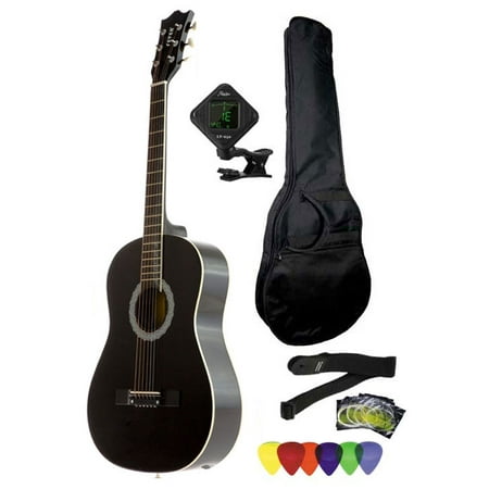 Fever 3/4 Size Acoustic Guitar Package Black with Gig Bag, Guitar Tuner, Picks and Strap, FV-030-BK-PACK