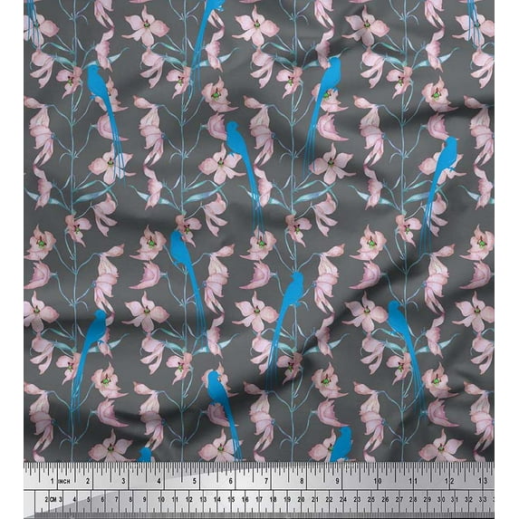 Soimoi Gray Japan Crepe Satin Fabric Bird & Floral Printed Fabric 1 Yard 42 Inch Wide