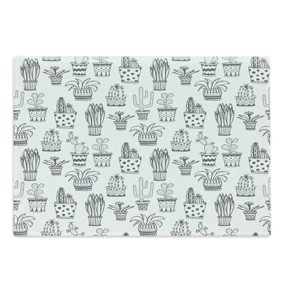 Cactus Cutting Board, Doodle Flowers in Pots with Polka Dots and Zig Zags Tropical Plants Monochrome, Decorative Tempered Glass Cutting and Serving Board, Large Size, Grey and White, by Ambesonne