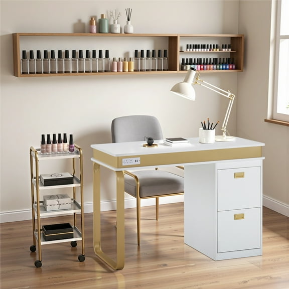 BarberPub 43.3'' x 19.7'' Vanity Nail Desk Manicure Table, Home Office Desk with Drawers & Built-in Power Outlets