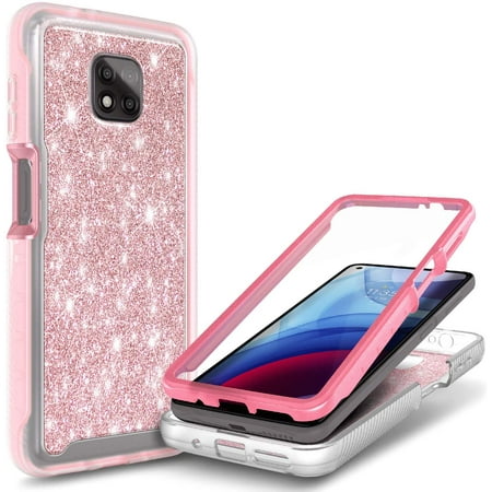 Nagebee Phone Case for Motorola Moto G Power 2021 with Built-in Screen Protector, Full-Body Protective Rugged Bumper Cover, Shockproof Durable Case (Pink Glitter)