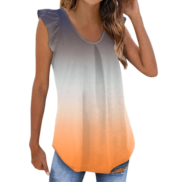 Gibobby Casual Playera de Manga Corta para Mujer Camisetas sin mangas para mujer Camisetas sueltas verano con volantes Camisas sin mangas plisadas(Gris,CH)
