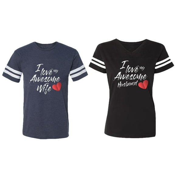 I Love My Awesome Husband Wife Matching Couple Cotton Jerseys (Men Navy / Women Black) (Men S / Women S)