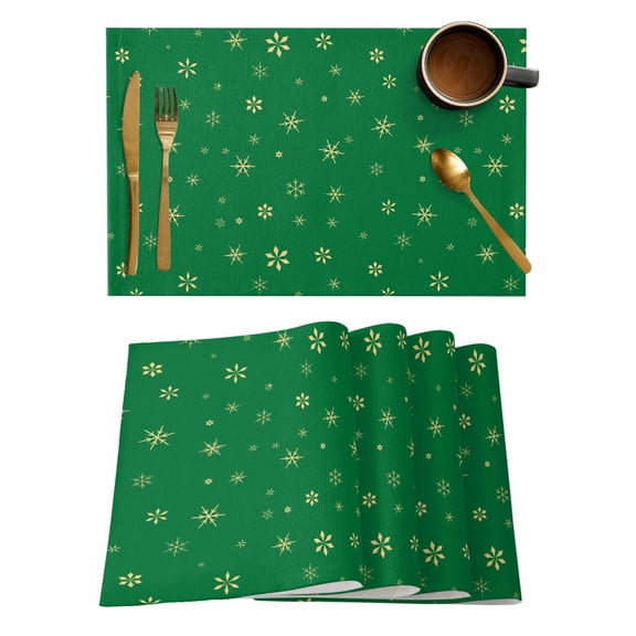 Placemats Set of 8, Christmas Green Woven Placemat, Linen Place Mats for Kitchen/Dining Tables, Winter Snowflakes Xmas Retro Washable Table Mats for Party