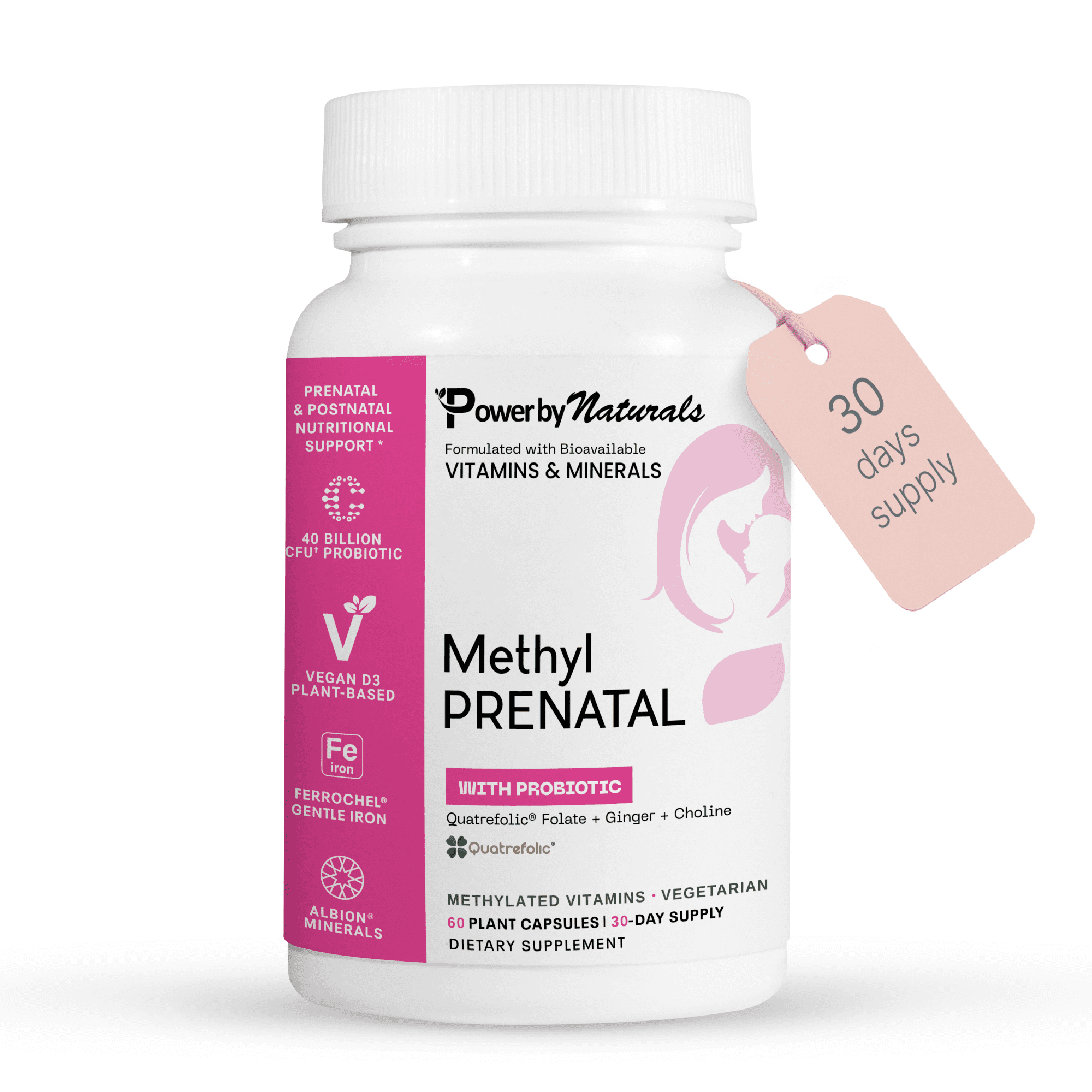 Methyl Prenatal Multivitamin With Probiotic - Methylfolate, Active B12, Iron, Ginger - 27+ Essential Nutrients for Healthy Pregnancy & MTHFR, Prental Vitamins - 60 Capsules