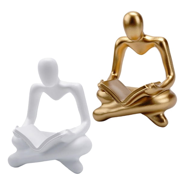 2 piezas de estatua de pensador abstracto moderno, figura humana, adorno artesanal decorativo Blanco y Aureo