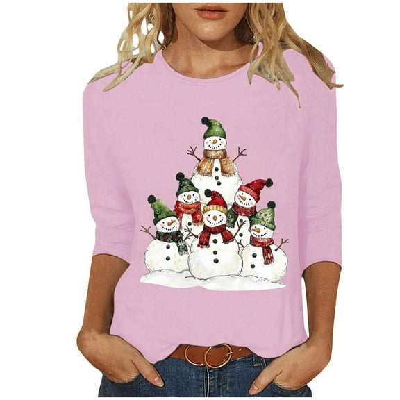 LiMoi Women's Christmas Snowman Print 3/4 Sleeve Round Neck Casual Tops Tees Tshirts Shirts Blouse for Holiday Party My Items