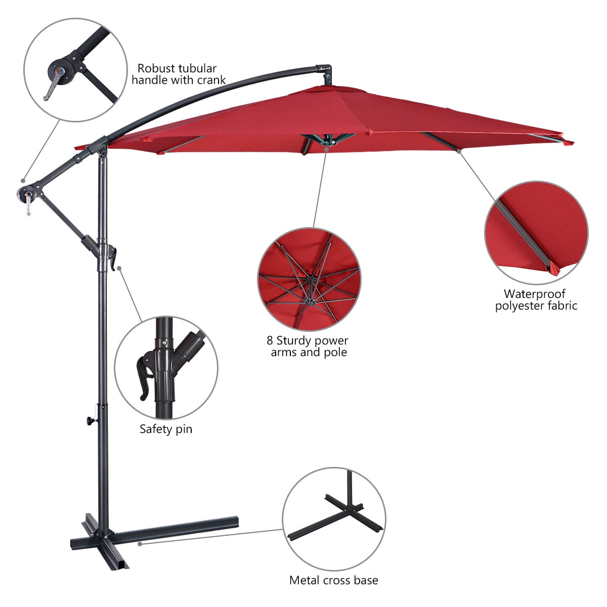 Costway 10' Hanging Umbrella Patio Sun Shade Offset Outdoor Market W/t Cross Base Burgundy