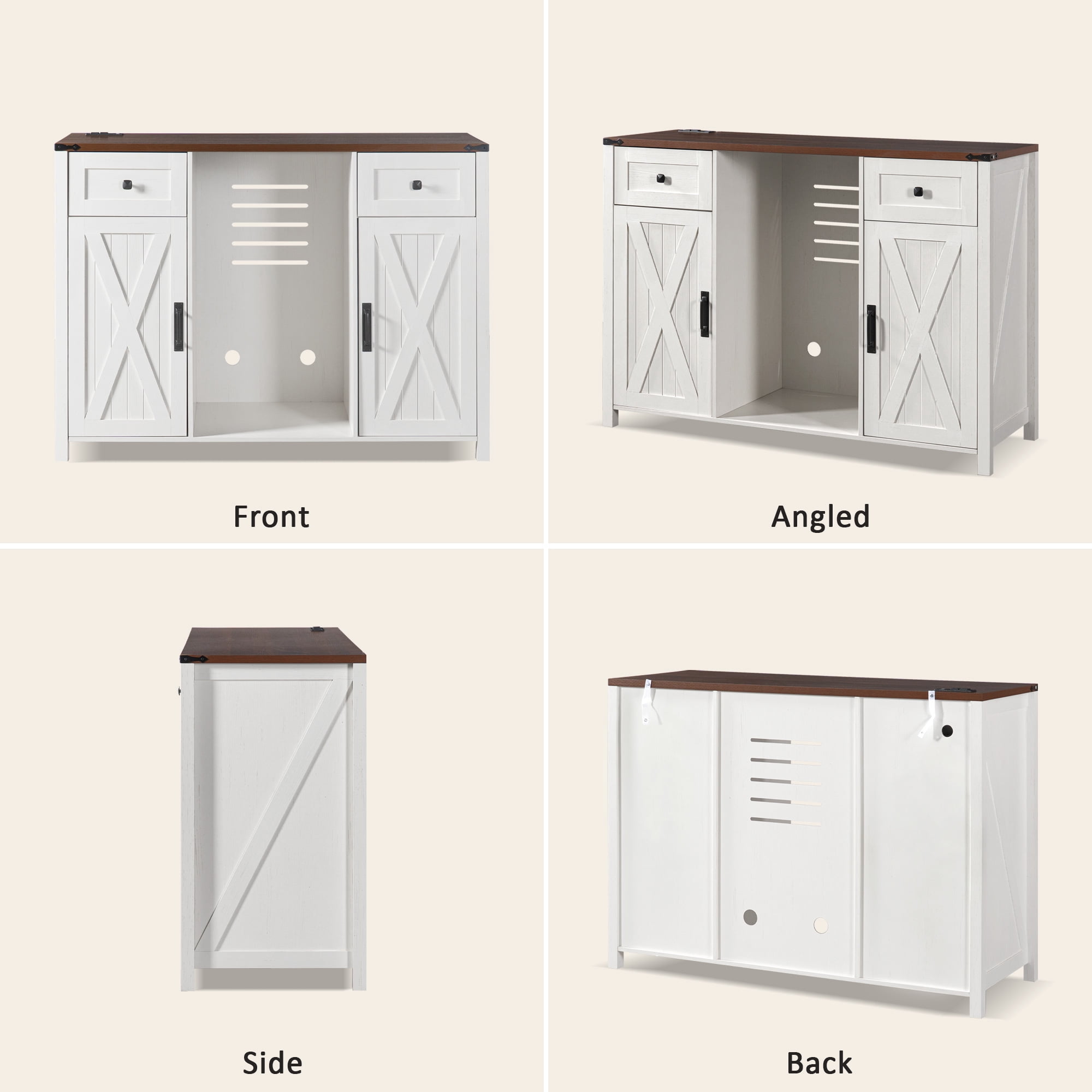 Homy Casa 53.2 in Farmhouse Coffee Bar Cabinet with Mini Fridge Space, Power Outlet and Storage White