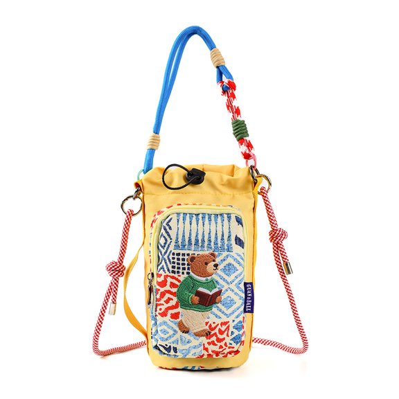 Cute Cartoon Canvas Water Bottle Holder Bag Adjustable Strap Crossbody Cup Carrier with Zipper Pocket