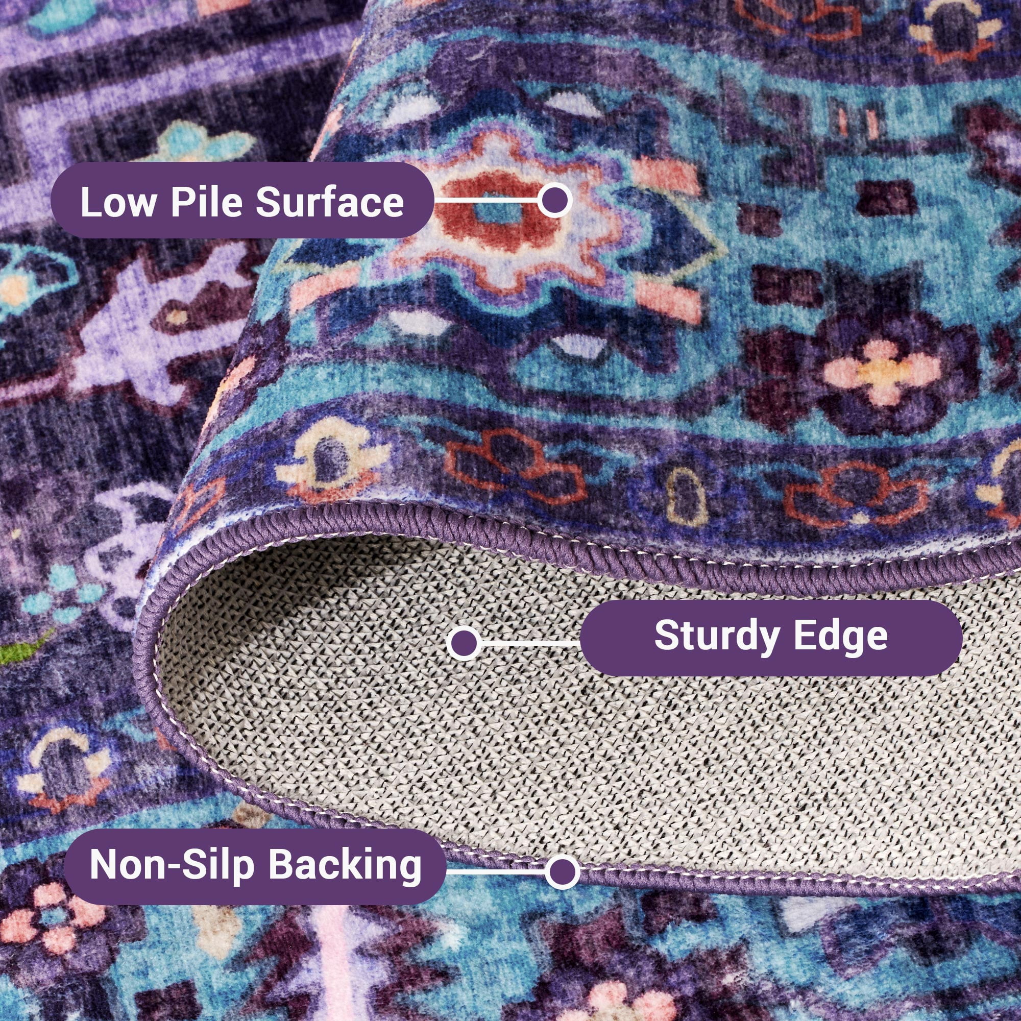 Kokia 8x10 Vintage Oriental Area Rug for living Room, Violet Purple Low Pile Stain Resistant Non-Slip Washable Rug for Bedroom with Distressed Medallion Pattern